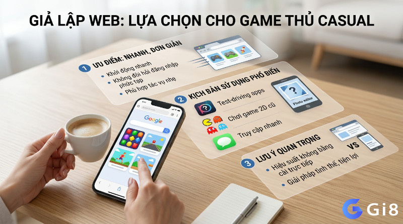 Giả lập web cho game thủ casual, ưu điểm nhanh, đơn giản, dùng test app, chơi game android trên web 2D. Người dùng tương tác điện thoại