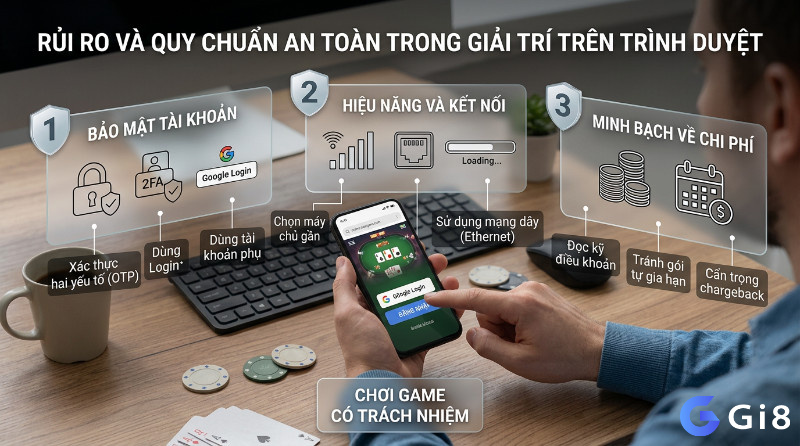 Rủi ro và quy chuẩn an toàn, khi giải trí trên trình duyệt: bảo mật tài khoản, hiệu năng kết nối, minh bạch chi phí với 2FA, mạng dây, đọc điều khoản