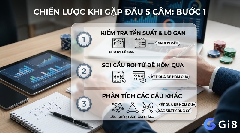 Chiến lược vào tiền khi đầu 5 câm đánh lô con gì: Bước 1 kiểm tra tần suất, lô gan, soi cầu rơi từ đề hôm qua, phân tích cầu ghép, cầu tam giác