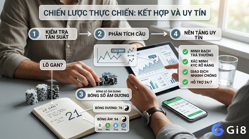 Chiến lược thực chiến kết hợp kiểm tra tần suất lô gan, phân tích cầu, bóng số âm dương (76, 94) và chọn nền tảng uy tín với KYC, giao dịch nhanh, hỗ trợ 24/7