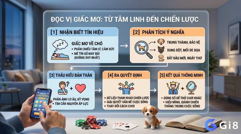 Giải mã giấc mơ về chó có thể xem như một quy trình 5 bước: nhận diện tín hiệu, phân tích ý nghĩa, hiểu bản thân, đưa ra quyết định và hướng tới kết quả phù hợp, hiệu quả hơn