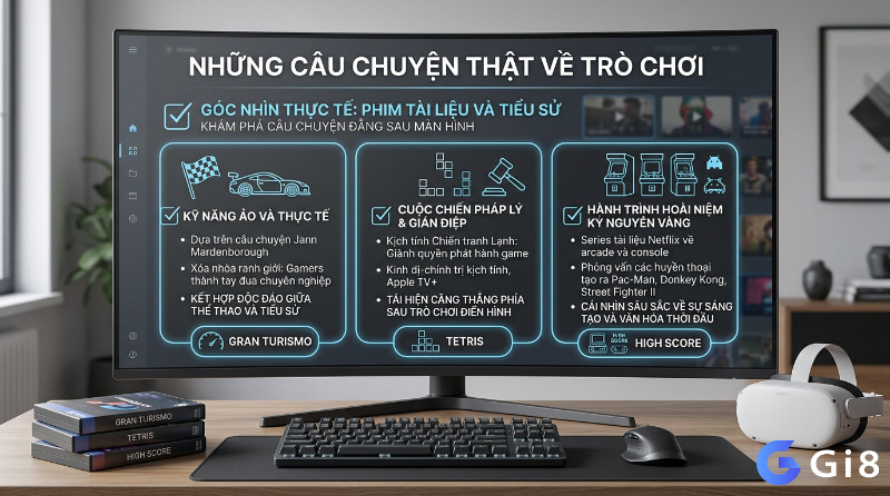 Phim tài liệu và tiểu sử game nổi bật gồm Gran Turismo về Jann Mardenborough, Tetris về câu chuyện bản quyền thời Chiến tranh Lạnh và High Score về thời kỳ vàng son của game arcade