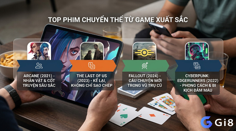 Phim chuyển thể từ game xuất sắc Arcane, The Last of Us, Fallout, Cyberpunk: Edgerunners hiển thị trên máy tính bảng cùng thẻ thông tin